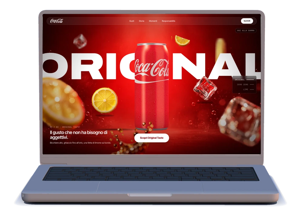 Il concept Coca-Cola su desktop: la lattina Original con il titolo gigante e il ghiaccio in sospensione