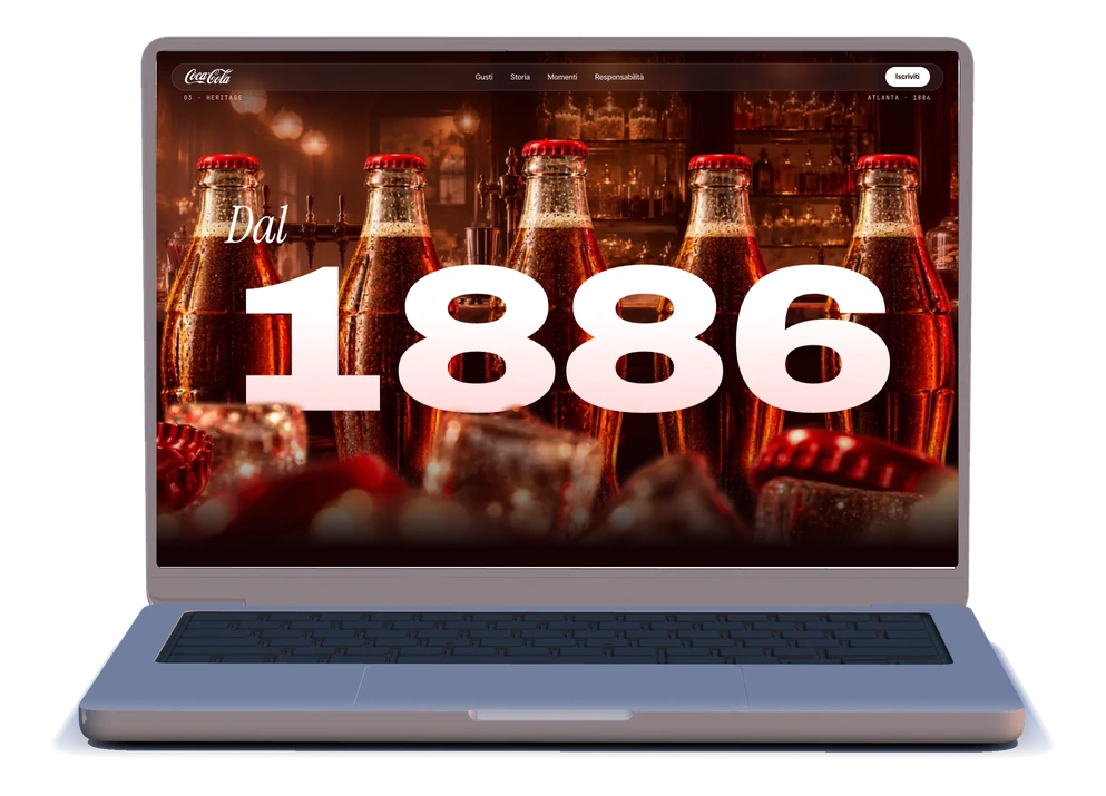 Il concept Coca-Cola: la storia dal 1886, con il titolo gigante sulle bottiglie al bancone