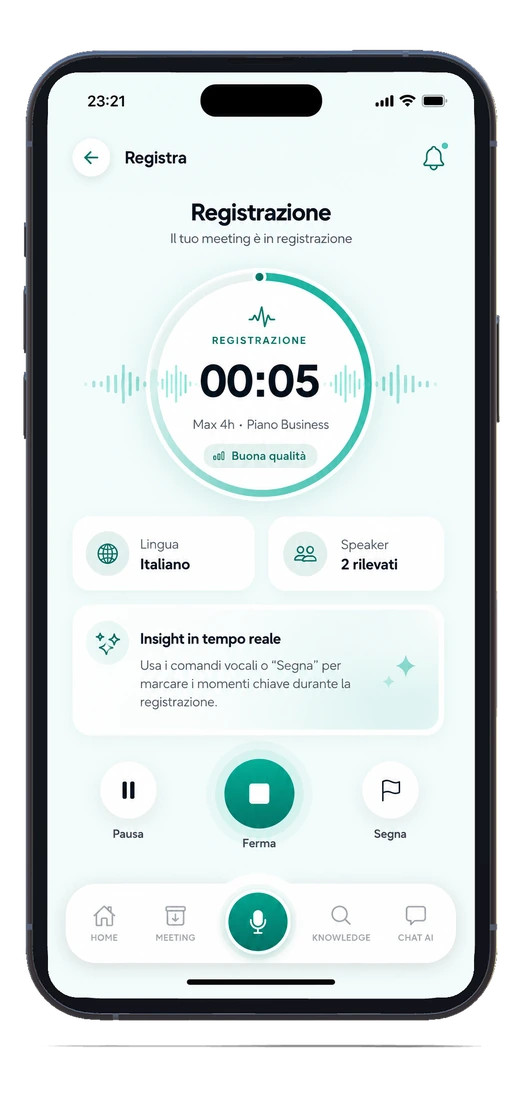 MeetMind su mobile: la schermata di registrazione della riunione